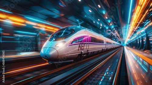 A high-speed bullet train traveling through a futuristic landscape © Attasit