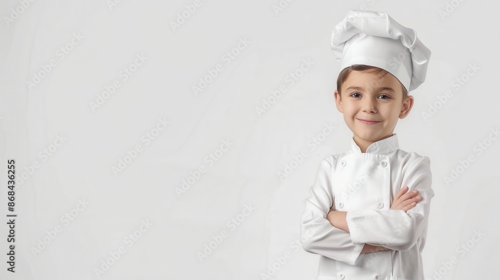 Young boy chef wearing a white uniform and hat, standing with arms crossed and smiling confidently against a plain background. Young boy chef wearing a white uniform and hat, standing with arms crossed and smiling confidently against a plain background.