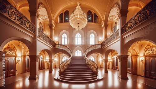 Royal Ball - An elegant ballroom filled with royals, chandeliers, and a grand staircase.