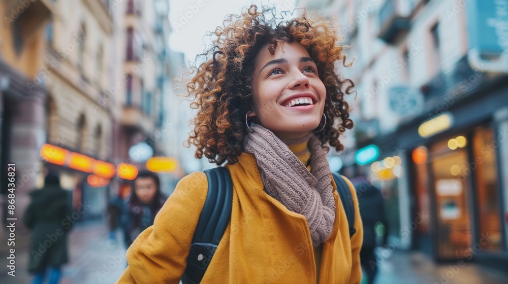 Young happy woman walking on city street and looking away. Young happy woman walking on city street and looking away.