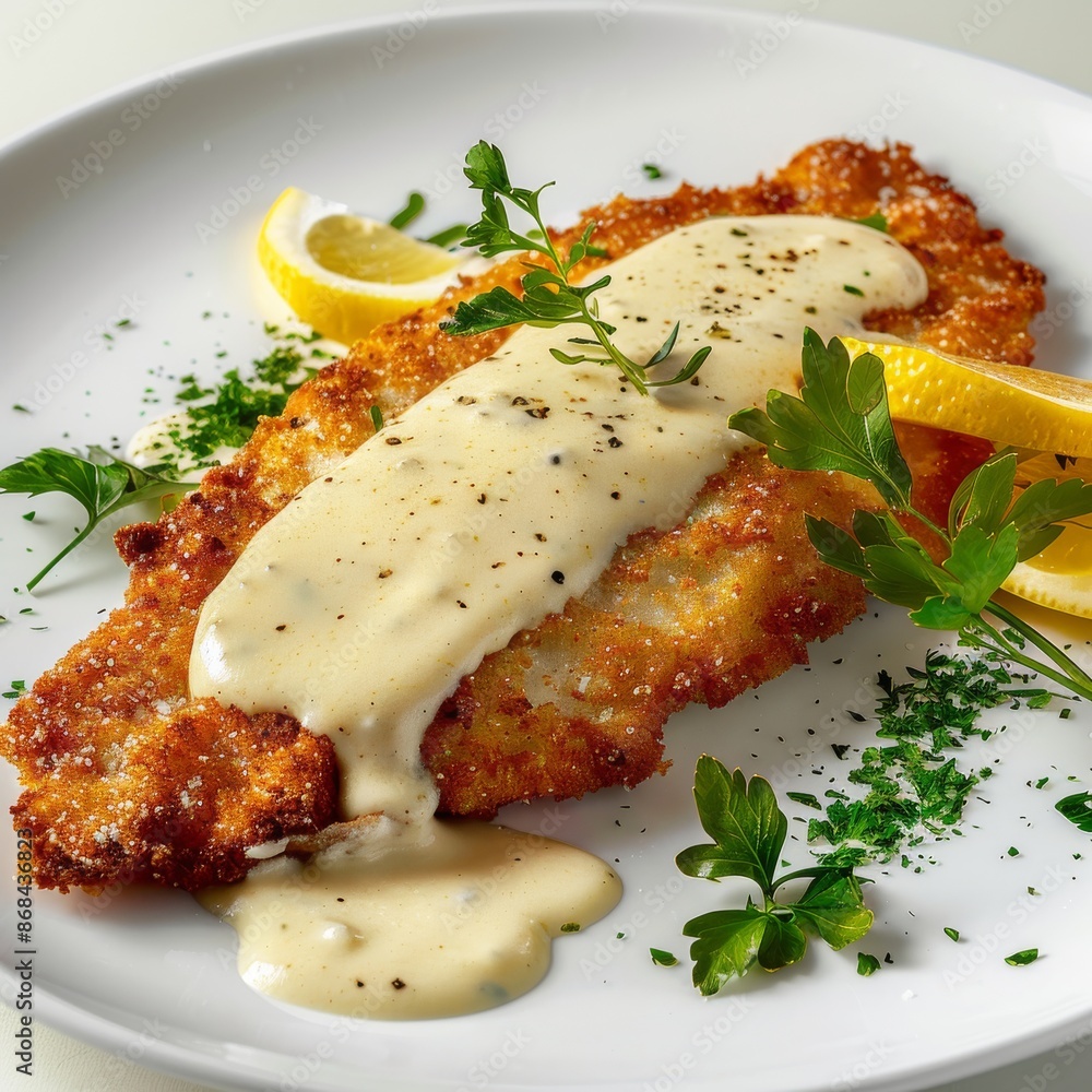 White Fish Fillet, Breaded Pike Perch, Zander Fillet with Cream Sauce Closeup, Restaurant Main Course White Fish Fillet, Breaded Pike Perch, Zander Fillet with Cream Sauce Closeup, Restaurant Main Course