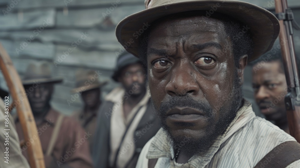 An intense close-up of a man wearing a hat, showcasing his solemn expression while other men stand in the background, enhancing a strong emotional and historical narrative. An intense close-up of a man wearing a hat, showcasing his solemn expression while other men stand in the background, enhancing a strong emotional and historical narrative.