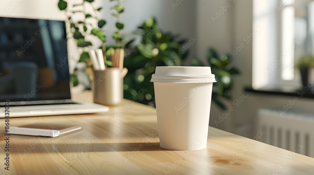 white paper cup mockup, minimalistic home office desk with blank coffee cup and laptop white paper cup mockup, minimalistic home office desk with blank coffee cup and laptop