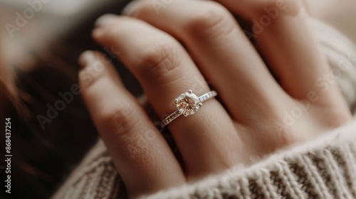 A detailed close-up shot of a hand wearing a beautiful diamond engagement ring with a focus on the sparkling gemstone, showcasing the elegance and craftsmanship.