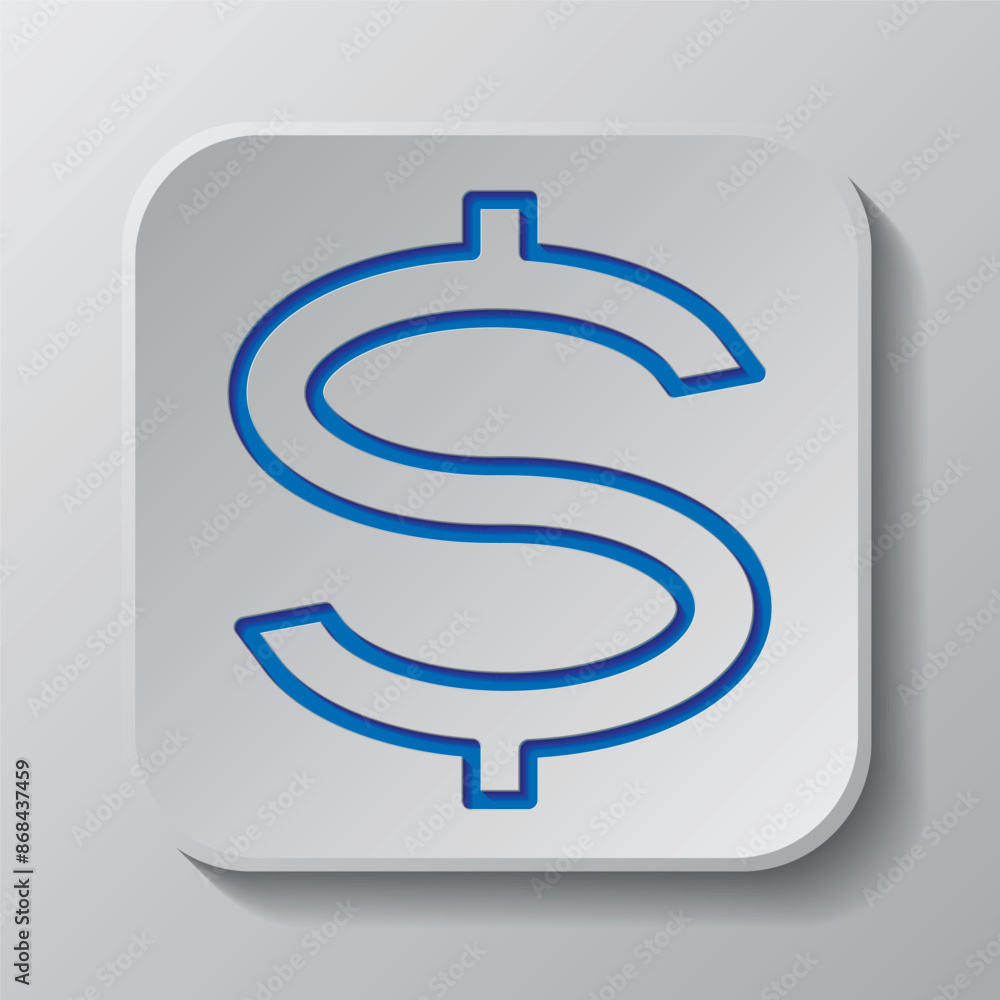 Dollar simple icon vector. Flat design. Paper cut design. Cutted blue symbol with shadow. Gray badge button, gray background Dollar simple icon vector. Flat design. Paper cut design. Cutted blue symbol with shadow. Gray badge button, gray background