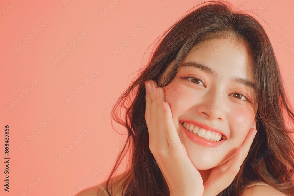 A close-up portrait of a beautiful Asian woman with a radiant smile, showcasing clear, glowing skin against a pink background. Perfect for skincare and beauty advertisements. A close-up portrait of a beautiful Asian woman with a radiant smile, showcasing clear, glowing skin against a pink background. Perfect for skincare and beauty advertisements.