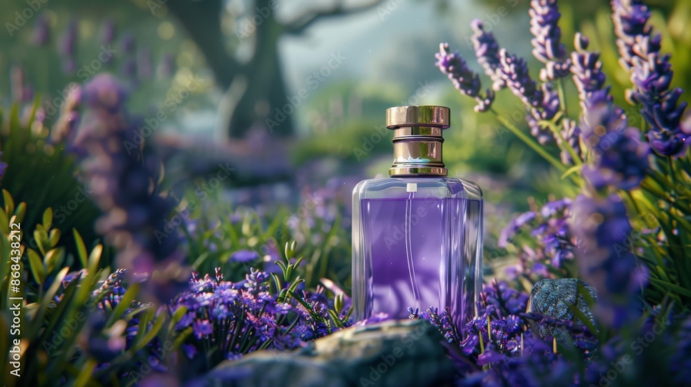 A luxurious perfume bottle filled with purple liquid sits amid blooming lavender under dappled sunlight, evoking a serene and aromatic garden scene. A luxurious perfume bottle filled with purple liquid sits amid blooming lavender under dappled sunlight, evoking a serene and aromatic garden scene.
