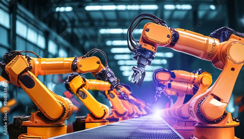 Robot Factory - An assembly line in a high-tech robot factory with robots being built. Robot Factory - An assembly line in a high-tech robot factory with robots being built.