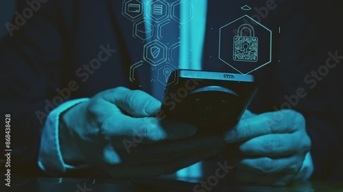 The hands of a man in a suit use a smartphone above which are symbols of digitalization of transmission and information protection. Coding. Personal access and password. Cg