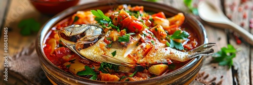 Azeri Syrdak with Sea Bass, , Homemade Asian Seafood Dish, Vegetables and Leek on Natural Moss photo