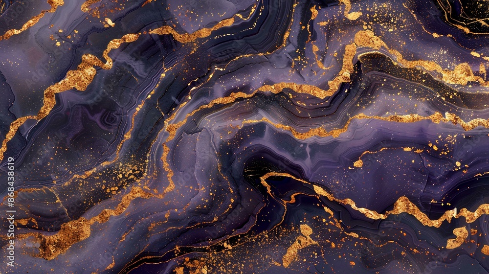 Fototapeta premium abstract background with dark purple and gold marble texture, fluid art, organic shapes, waves, golden cracks on the surface