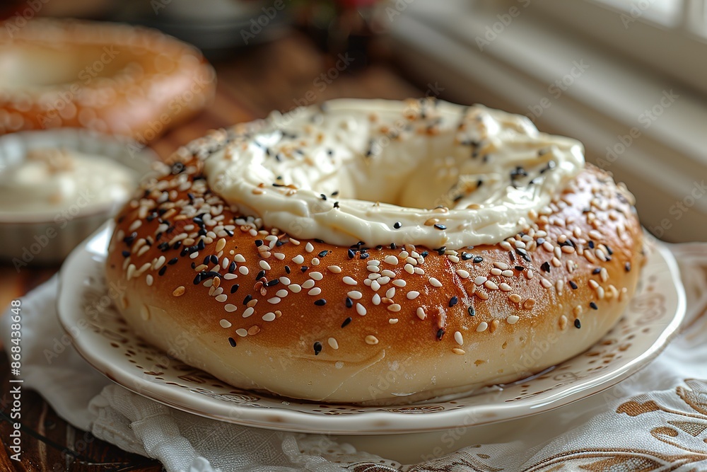 A white bagel with sesame seeds and cream cheese on top A white bagel with sesame seeds and cream cheese on top