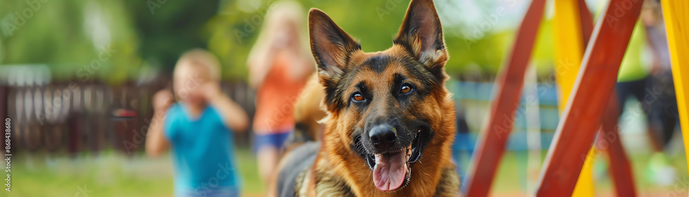 German Shepherd dog playing outdoors with children in a park, happy and energetic, on a sunny day with vibrant green background. German Shepherd dog playing outdoors with children in a park, happy and energetic, on a sunny day with vibrant green background.