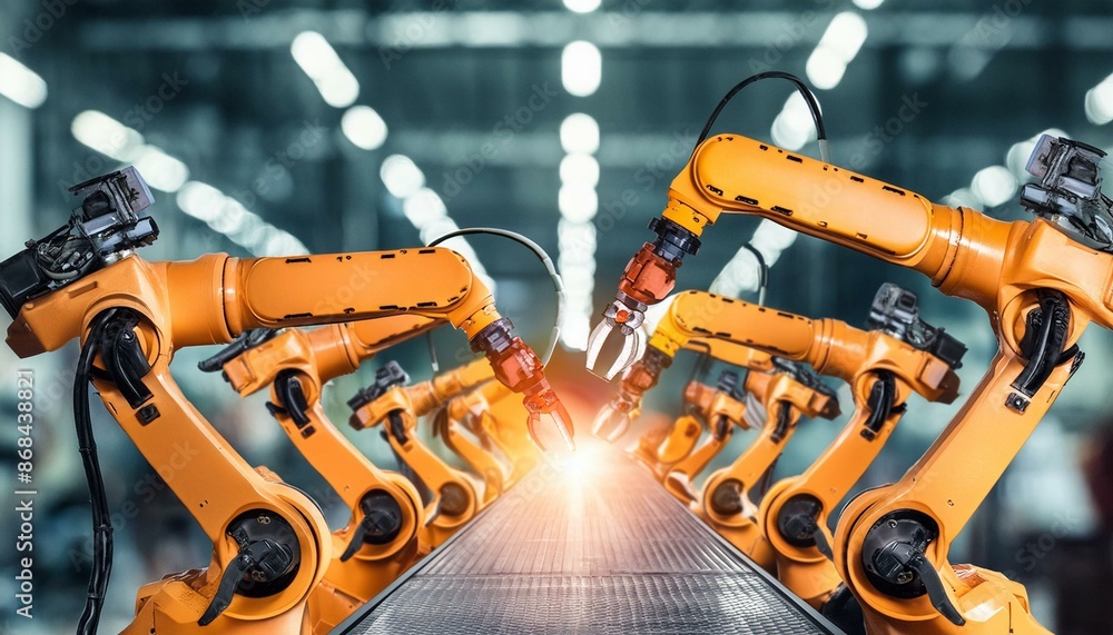 Robot Factory - An assembly line in a high-tech robot factory with robots being built. Robot Factory - An assembly line in a high-tech robot factory with robots being built.