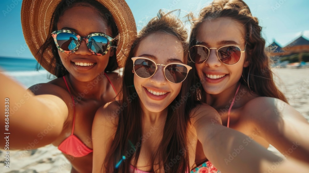 A joyful beach moment featuring three friends taking a selfie while wearing sunglasses and swimsuits, enjoying the sunny day, friendship, and the beauty of the seaside. A joyful beach moment featuring three friends taking a selfie while wearing sunglasses and swimsuits, enjoying the sunny day, friendship, and the beauty of the seaside.