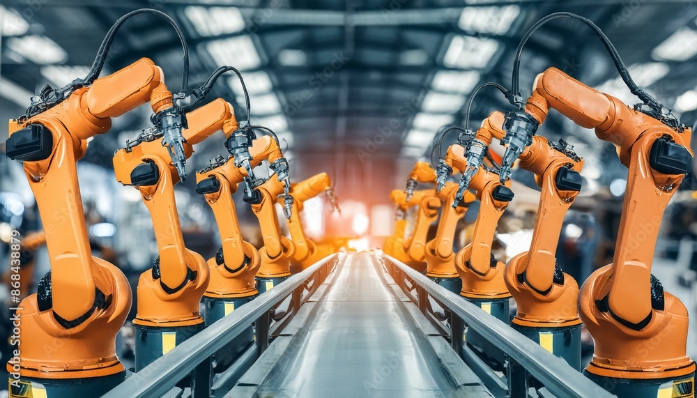 Robot Factory - An assembly line in a high-tech robot factory with robots being built. Robot Factory - An assembly line in a high-tech robot factory with robots being built.