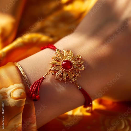 Hands close-up with rakh bracelet hands celebrating raksha bandhan festival photo