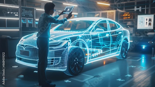 Automotive engineer working using AI system production on electric car, Engineering smart EV car design, Futuristic electric vehicles