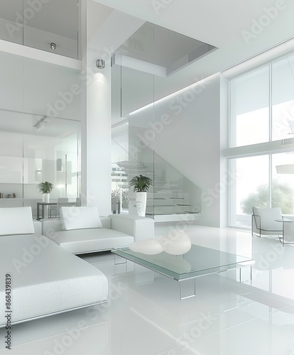 Minimalist interior with white wall, glass accents, and modern furniture