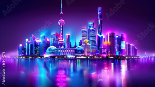 Vibrant night cityscape with glowing skyscrapers reflecting in water, creating a futuristic neon city skyline at dusk. © weerasak