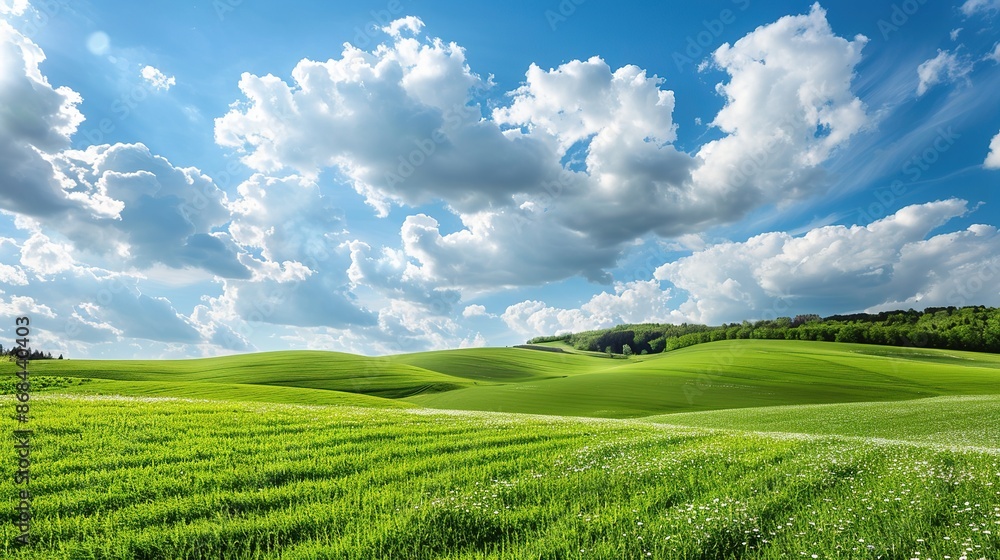 Tranquil beauty of springtime nature in peaceful countryside landscape. Green grass, blue sky, white clouds, rolling hills. copy space for text. Tranquil beauty of springtime nature in peaceful countryside landscape. Green grass, blue sky, white clouds, rolling hills. copy space for text.