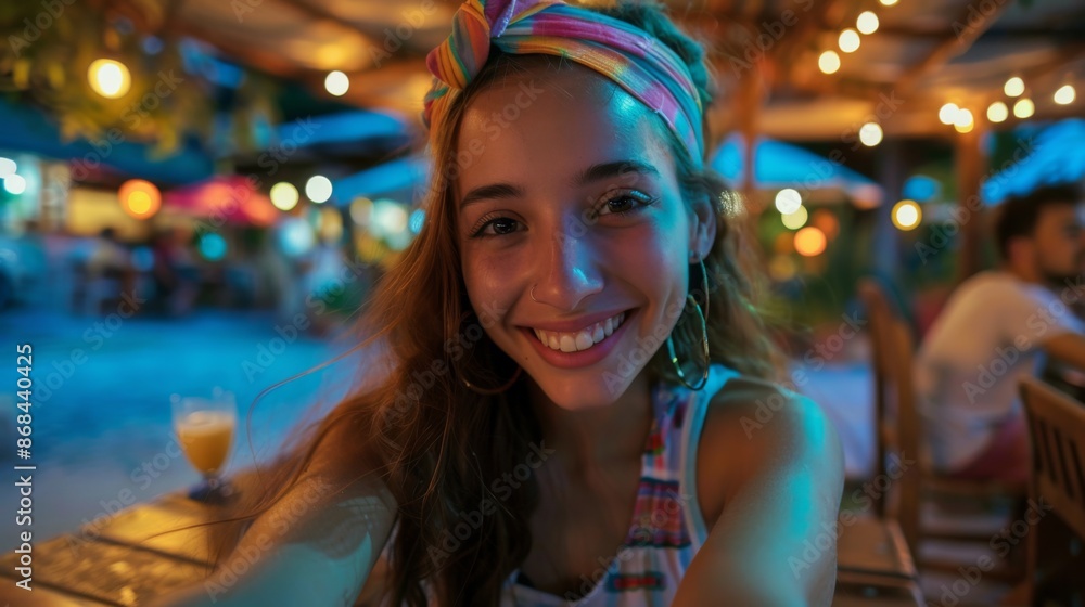 A cheerful young woman with a colorful headband is smiling and sitting at an outdoor café during evening time, surrounded by string lights and looming umbrellas. A cheerful young woman with a colorful headband is smiling and sitting at an outdoor café during evening time, surrounded by string lights and looming umbrellas.
