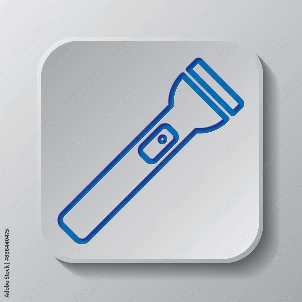 Flashlight simple icon vector. Flat design. Paper cut design. Cutted blue symbol with shadow. Gray badge button, gray background Flashlight simple icon vector. Flat design. Paper cut design. Cutted blue symbol with shadow. Gray badge button, gray background
