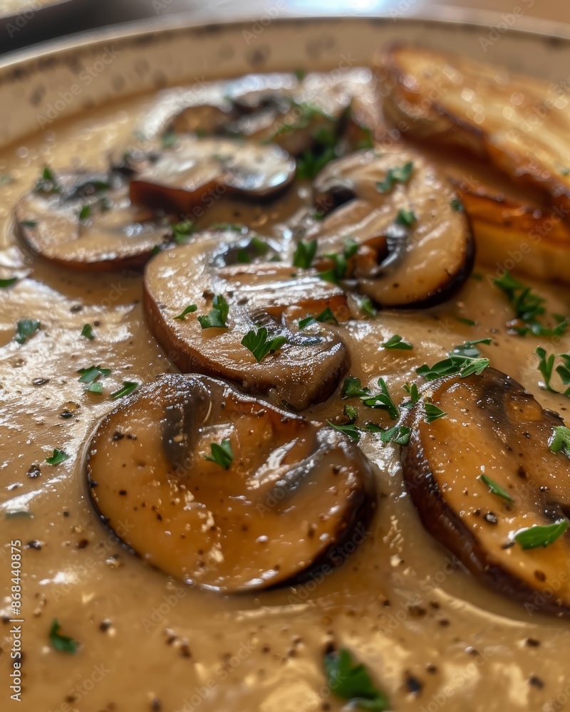close-up of a decadent Mushroom Gravy beautifully recipe professional photo natural lighting close-up of a decadent Mushroom Gravy beautifully recipe professional photo natural lighting