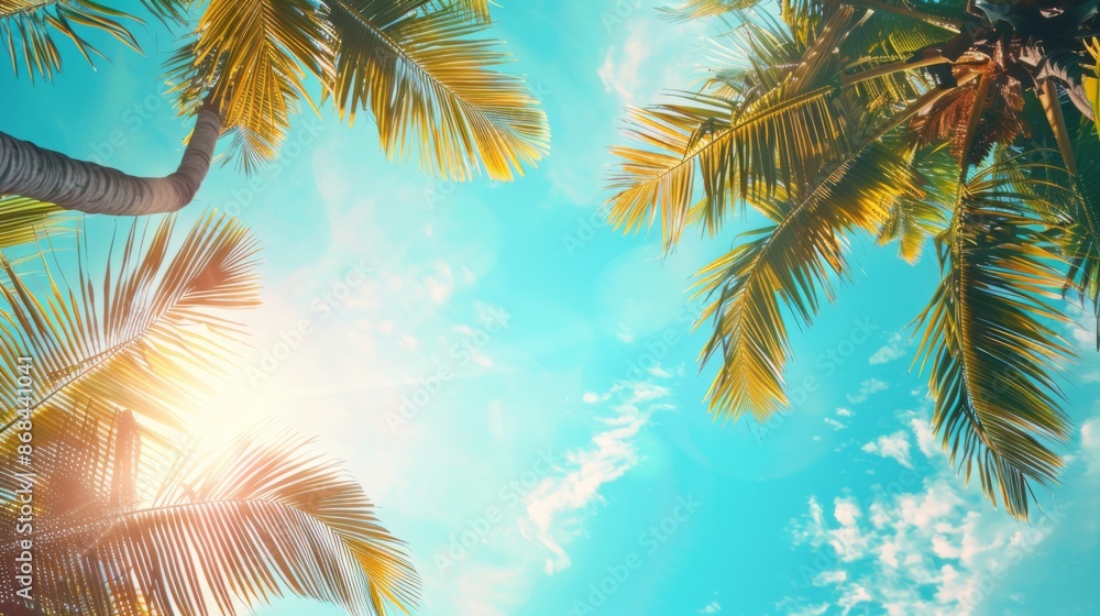 A serene tropical paradise sky with lush palm tree silhouettes gently swaying. The sun peeks through, creating beautiful light flares and a dreamy atmosphere. A serene tropical paradise sky with lush palm tree silhouettes gently swaying. The sun peeks through, creating beautiful light flares and a dreamy atmosphere.