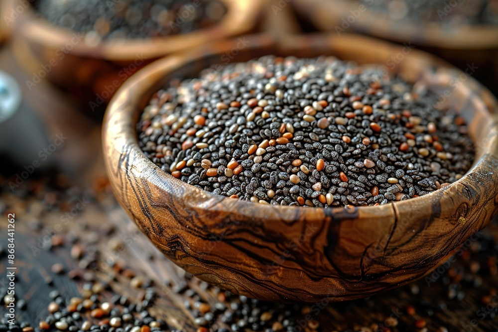 A bowl of black seeds is on a wooden table A bowl of black seeds is on a wooden table