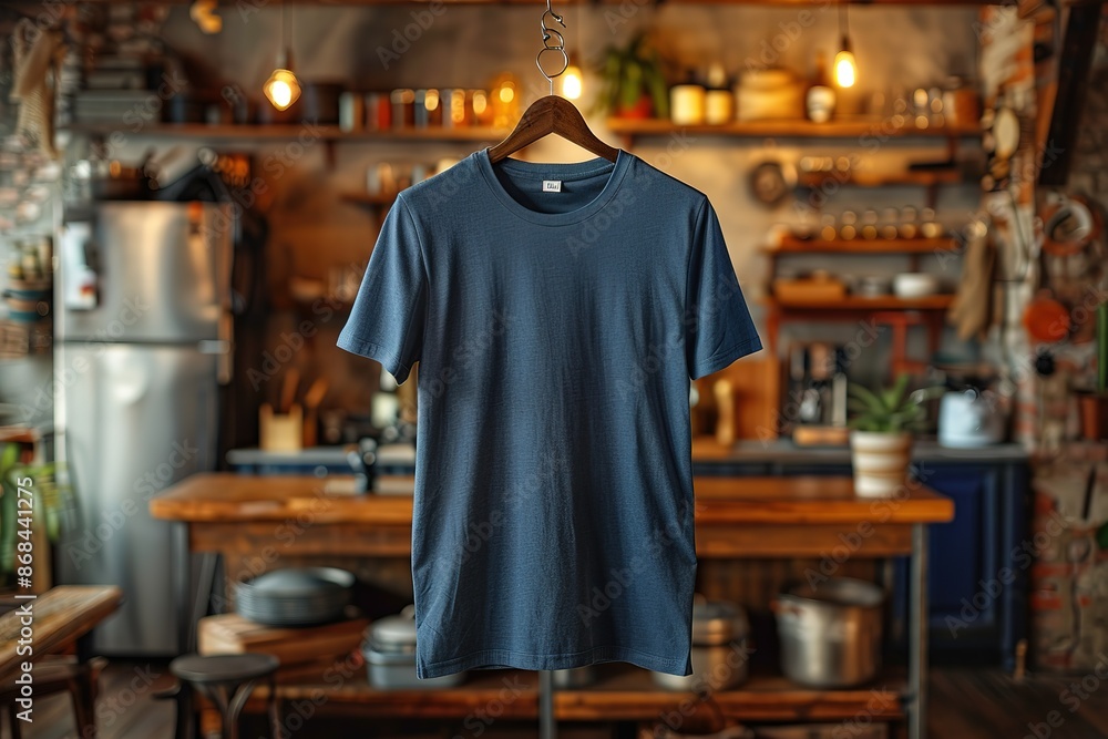A blue shirt hangs on a wooden hanger in a kitchen A blue shirt hangs on a wooden hanger in a kitchen
