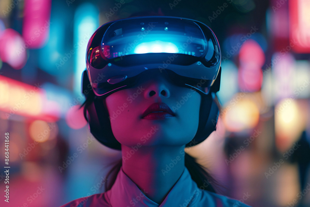 This is a street photo with a man wearing a VR helmet, taken in an urban environment. For entertainment and technological use and conveys the idea of immersion in another world This is a street photo with a man wearing a VR helmet, taken in an urban environment. For entertainment and technological use and conveys the idea of immersion in another world