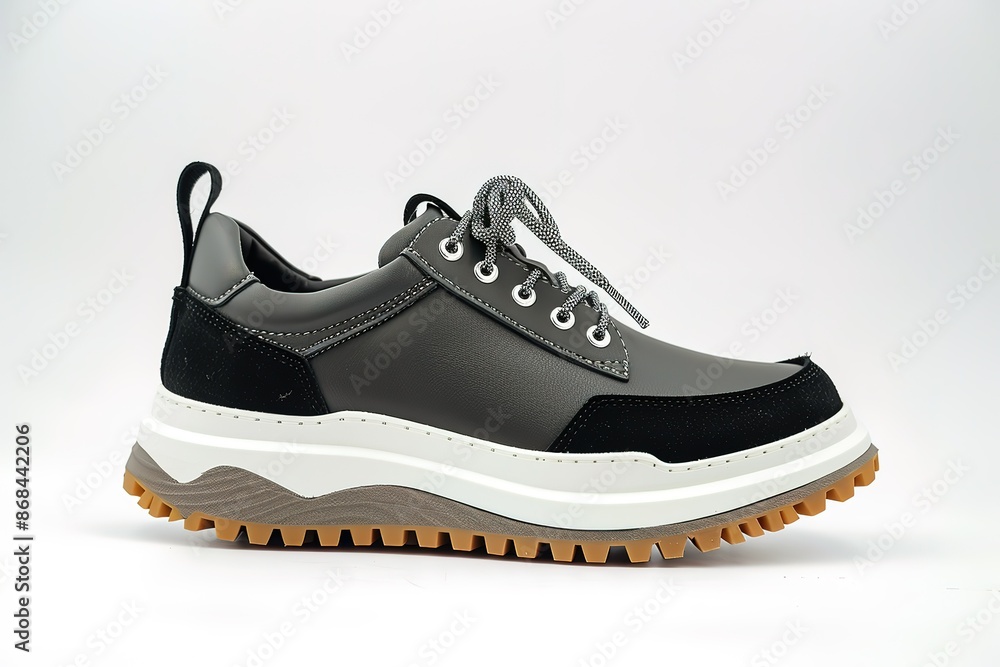 A man's shoe with a black and grey sole A man's shoe with a black and grey sole