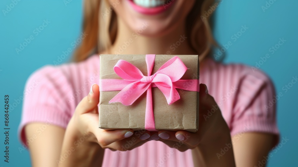 A stunning woman exuding joy and enthusiasm as she points to a carefully wrapped box, her smile reflecting the excitement A stunning woman exuding joy and enthusiasm as she points to a carefully wrapped box, her smile reflecting the excitement