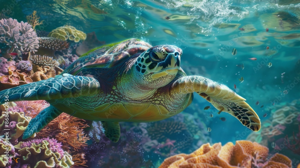 Obraz premium A serene sea turtle gracefully swims surrounded by a colorful, thriving coral reef embodying the essence of marine life diversity and underwater tranquility.