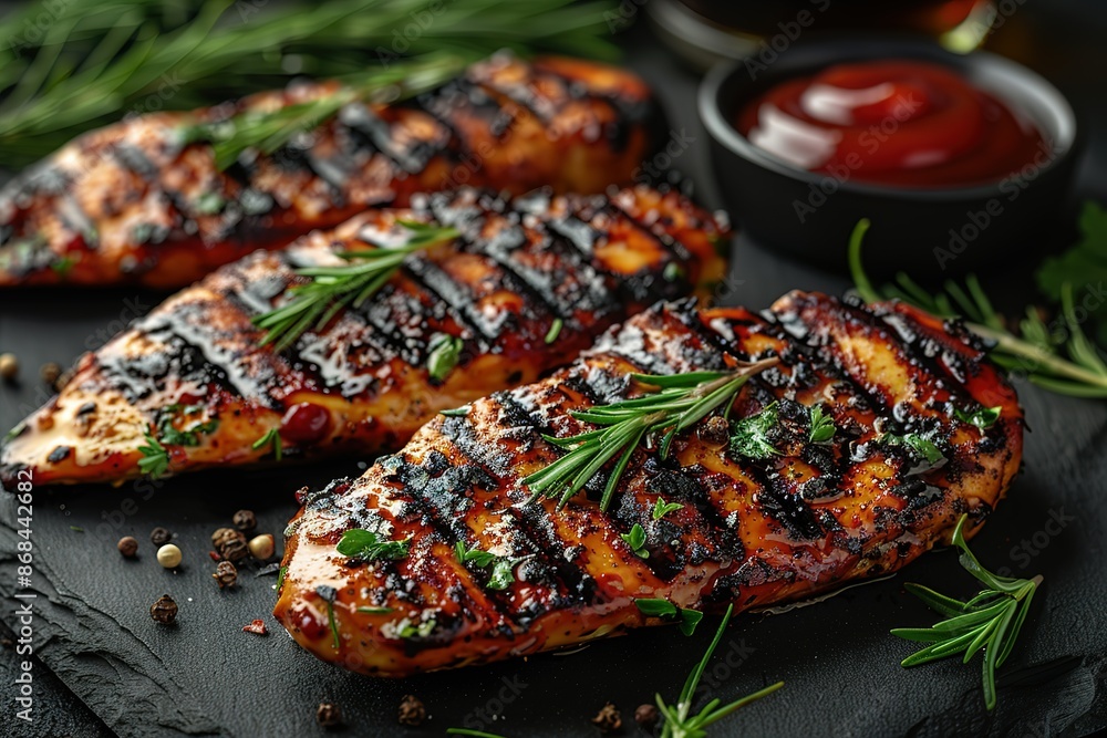 Three pieces of grilled chicken with herbs and spices on a black plate Three pieces of grilled chicken with herbs and spices on a black plate