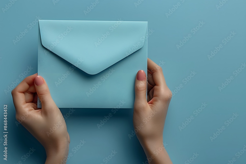 Minimalist Blue Envelope Held by Hands on Light Blue Background - Stationery, Communication, Invitation Minimalist Blue Envelope Held by Hands on Light Blue Background - Stationery, Communication, Invitation