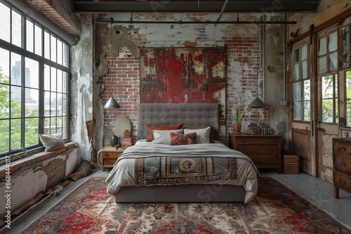 Industrialchic bedroom exposed brick wall metal bed frame large windows with bright natural light minimalist decor and modern furnishings creating a contemporary yet cozy vibe photo