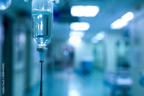 Focused medical IV drip, typical hospital backdrop.