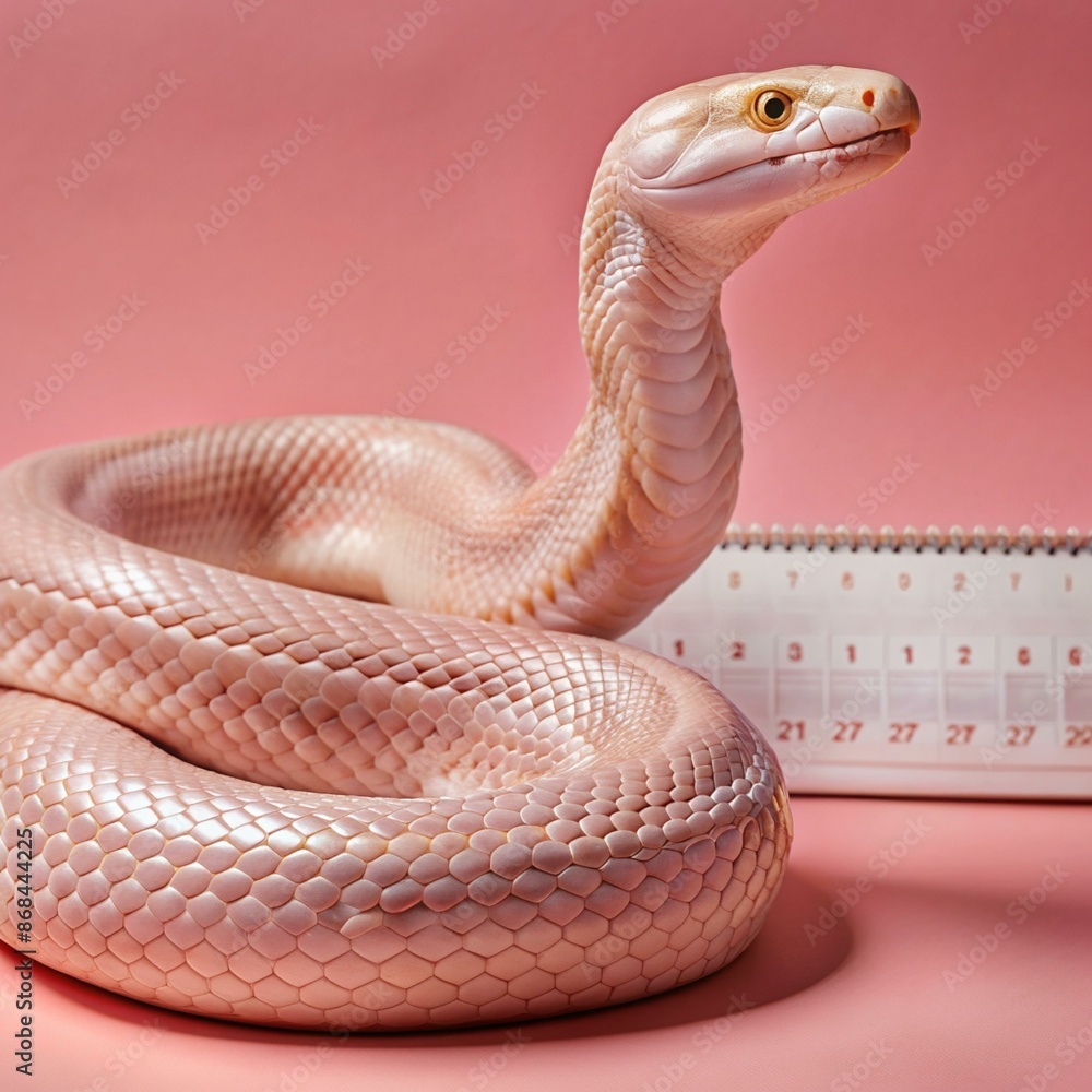 Fototapeta premium A white snake is curled up on a pink background