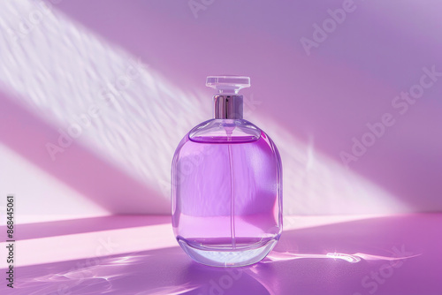 Elegant and simple perfume bottle illuminated by soft purple light, evoking a sense of luxury and beauty