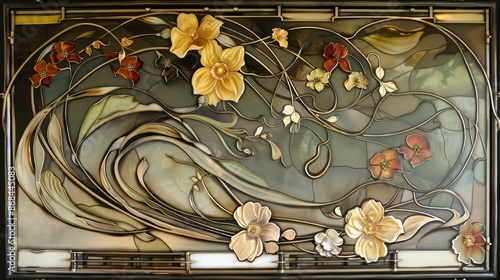 rt Nouveau inspired screen wall with flowing lines and floral motifs in an iron frame