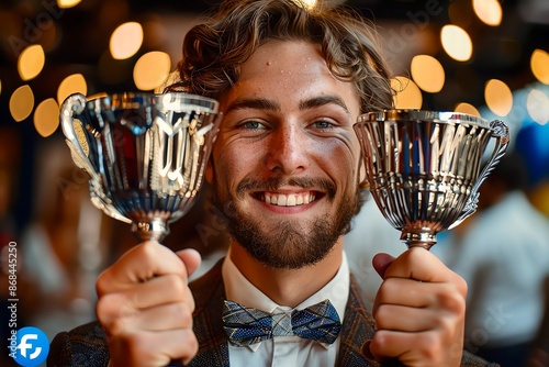Businessman with a success trophy A businessman holding a trophy, celebrating a major business achievement