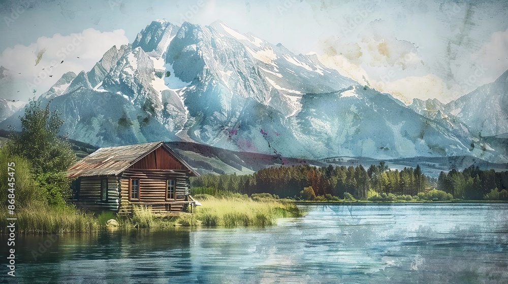 Fototapeta premium Wooden cabin at riverside with snow peak mountain as background, artful painting style illustration with grungy brush stroke texture. copy space for text.