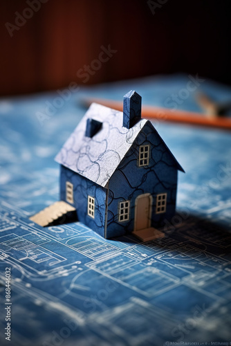 generated illustration of  miniature model house on blue print photo