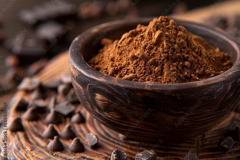 Rich Cocoa Powder in Wooden Bowl Surrounded by Chocolate Chips - Ideal for Baking, Recipes, and Food Art Rich Cocoa Powder in Wooden Bowl Surrounded by Chocolate Chips - Ideal for Baking, Recipes, and Food Art