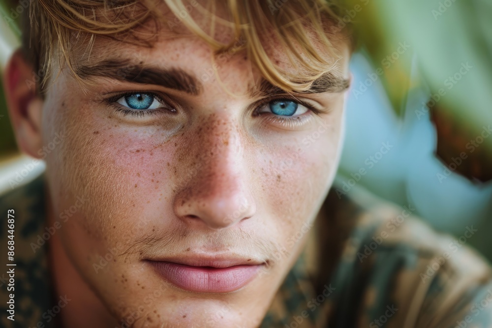 Male Marine: Young Blond Man with Blue Eyes Smiling Off-Duty, US Marine in White Uniform Male Marine: Young Blond Man with Blue Eyes Smiling Off-Duty, US Marine in White Uniform