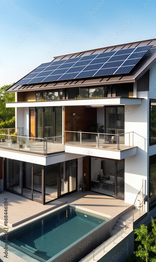 Fototapeta premium generated illustration of newly construced home with solar panels on roof.
