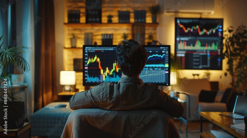 Man analyzing stock market data on multiple screens in a home office. Technology and finance concept in modern workspace. Man analyzing stock market data on multiple screens in a home office. Technology and finance concept in modern workspace.