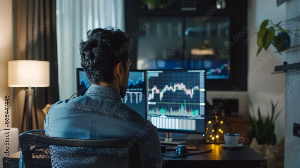Man working on multiple screens analyzing stock market data, monitoring trading charts in a modern home office at night. Man working on multiple screens analyzing stock market data, monitoring trading charts in a modern home office at night.